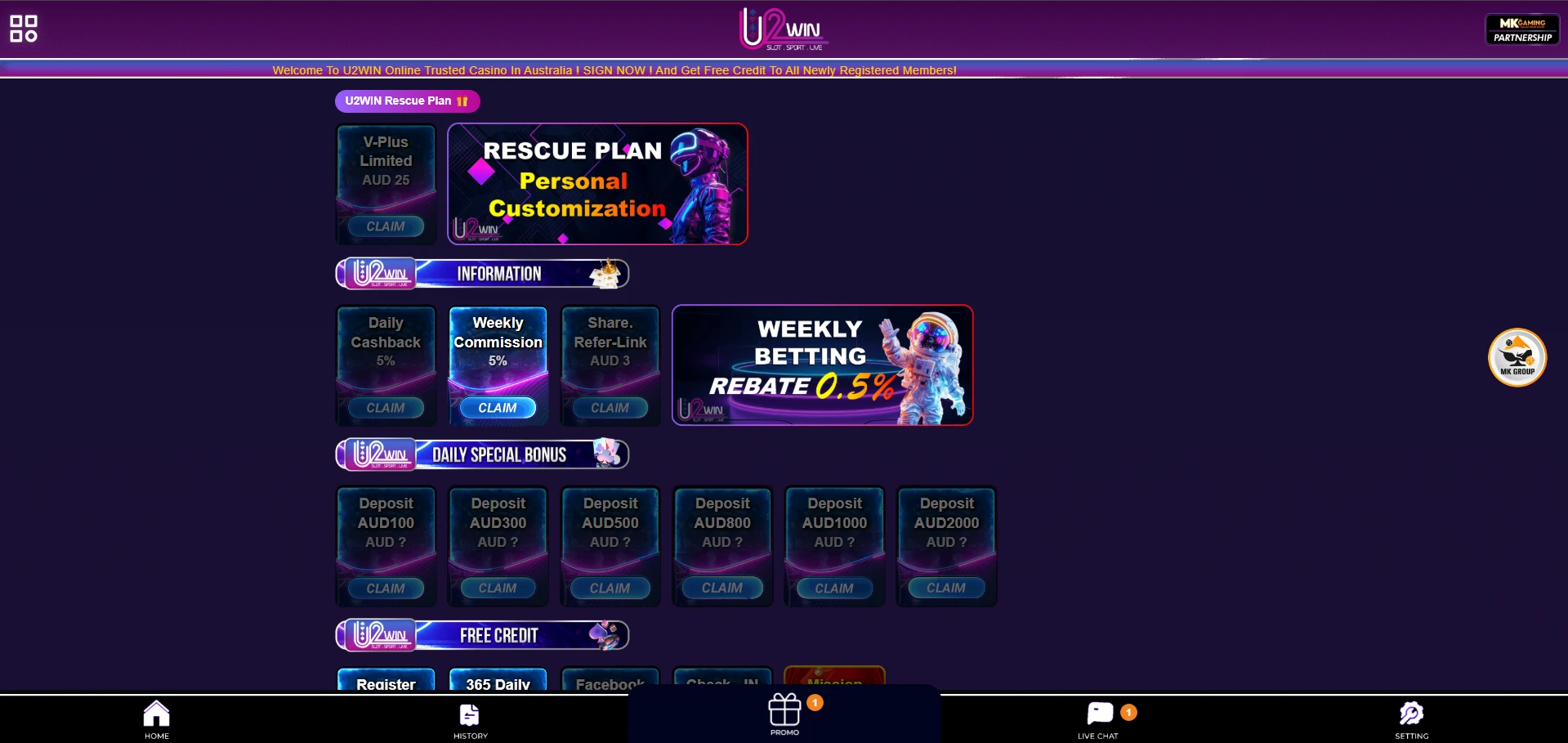 U2Win casino bonus page