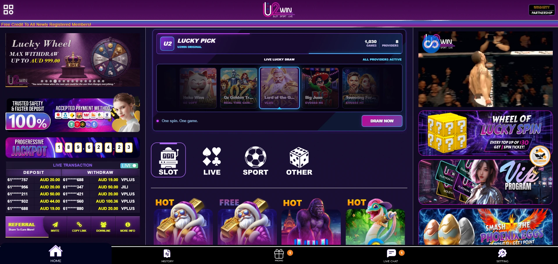 U2Win casino home page