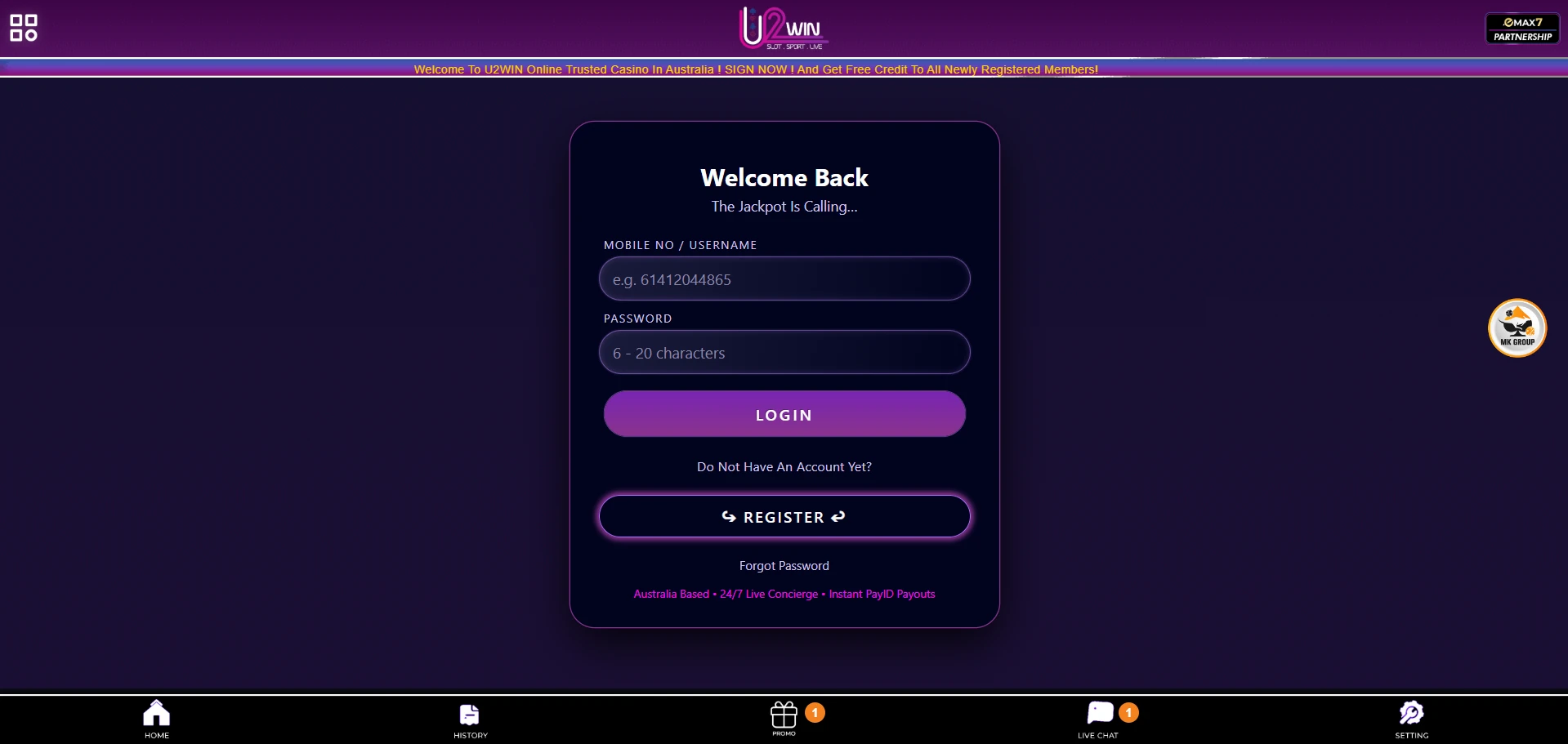U2Win casino login form