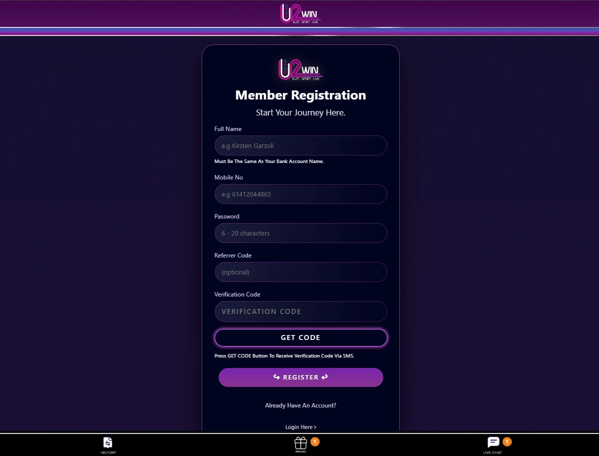 U2Win registration form
